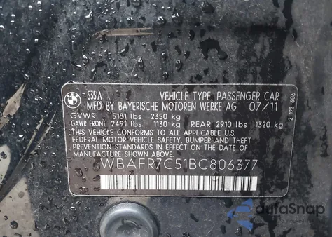 2011 BMW 535I from USA, damaged, VIN WBAFR7C51BC806377